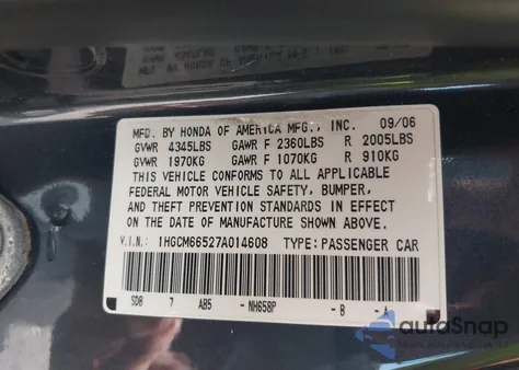 2007 Honda Accord 3.0 Ex из США, поврежденный, VIN 1HGCM66527A014608